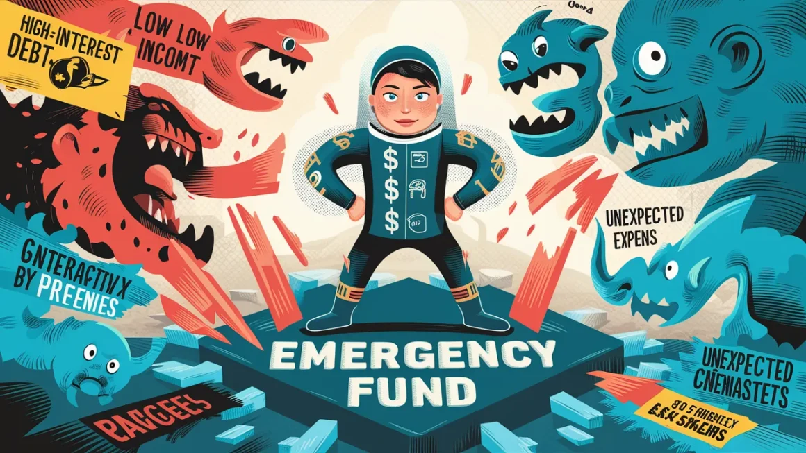 A person standing on a solid foundation labeled "Emergency Fund," with various financial challenges (high-interest debt, low income, unexpected expenses) being deflected by the foundation, digital art.